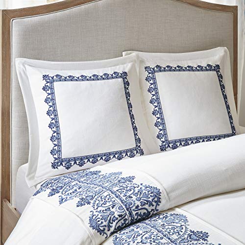 Madison Park Signature Cozy Comforter Set - Luxurious Bedding Style Combo Filled Insert, Removable Duvet Cover. Matching Shams, Decorative Pillows, Queen(92"x96"), Embroidery, Farmhouse Blue 8 Piece