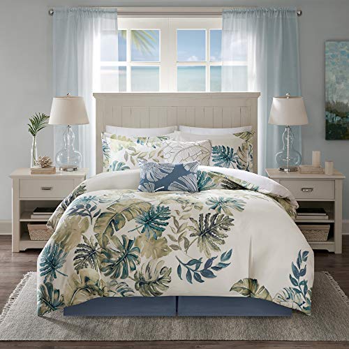 Harbor House Cozy Cotton Comforter Set - Coastal, All Season Down Alternative Casual Bedding with Matching Shams, Decorative Pillows, Lorelai, Monstera Leaf Green Cal King(110"x96") 6 Piece