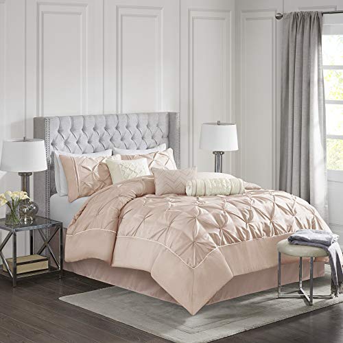 Madison Park Laurel Cozy Comforter Set - Traditional Tufted Faux Silk Design, All Season Down Alternative Bedding with Matching Shams, Decorative Pillow, Blush Full(82"x90") 7 Piece