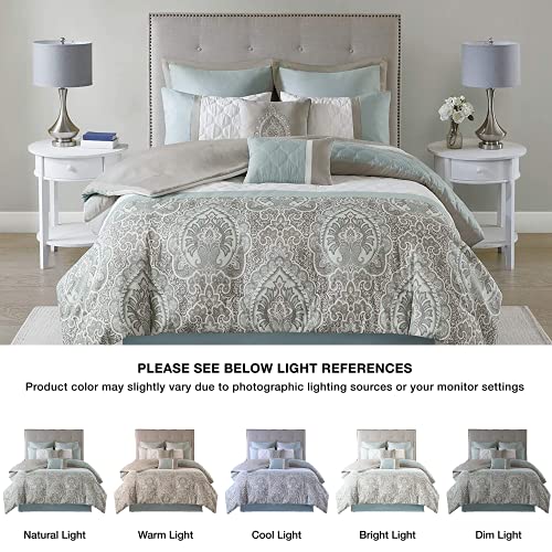 Cozy Comforter Set - Transitional Damask Design, All Season Down Alternative Bedding with Matching Shams, Decorative Pillow, Shawnee-Seafoam King(104"x92") 8 Piece