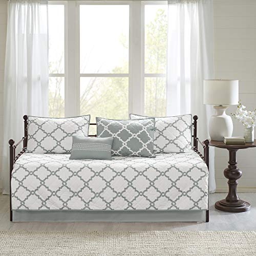 Madison Park Essentials Merritt Reversible Daybed Cover-Fretwork Print, Diamond Quilting All Season Cozy Bedding with Bedskirt, Matching Shams, Decorative Pillow, 75"x39", Grey 6 Piece