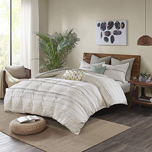 NEA 100% Cotton Duvet, Striped Bohemian Design with Tassel Trim Accent, Mid Century All Season Comforter Cover Cozy Bedding Set with Matching Shams, King/Cal King(104"x92"),Ivory 3 Piece