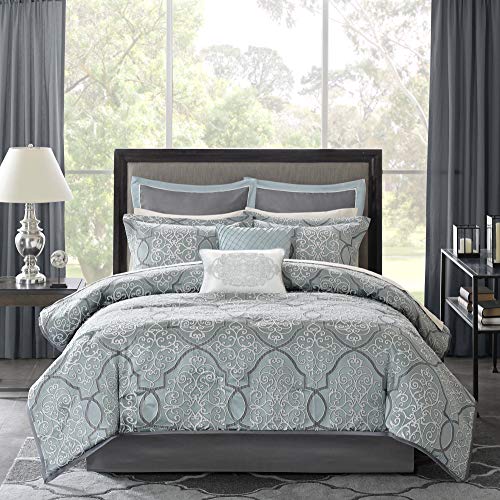 Madison Park Cozy Bed in a Bag Comforter, Traditional Luxe Jacquard Design All Season Down Alternative Cover with Complete Sheet Set, California King (106 in x 92 in), LaVine, Blue 12 Piece
