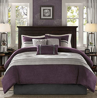 Madison Park - Palmer 7 Piece Comforter Set - Plum - Queen - Pieced Microsuede - Includes 1 Comforter