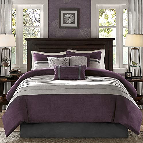 Madison Park - Palmer 7 Piece Comforter Set - Plum - Queen - Pieced Microsuede - Includes 1 Comforter, 3 Decorative Pillows, 1 Bed Skirt, 2 Shams