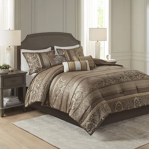 Madison Park Cozy Comforter Set - Luxurious Jaquard Traditional Damask Design, All Season Down Alternative Bedding with Matching Shams, Decorative Pillow Bellagio Brown/Gold Cal King(104"x92") 7 Piece