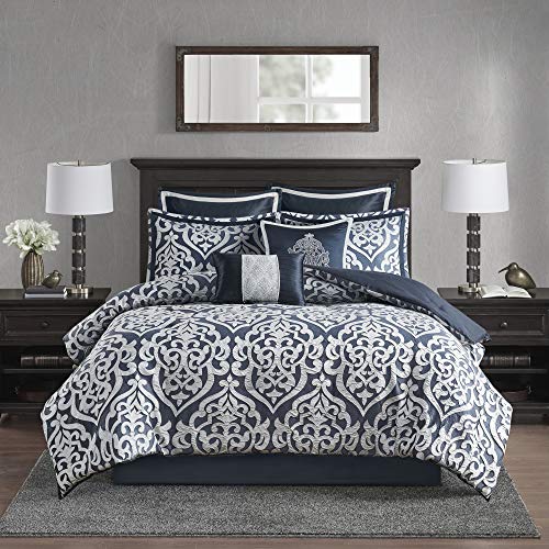 Madison Park Odette Comforter Set Jacquard Damask Medallion Design - All Season Down Alternative Bedding, Matching Shams, Bedskirt, Decorative Pillows, Navy King(104"x92") 8 Piece