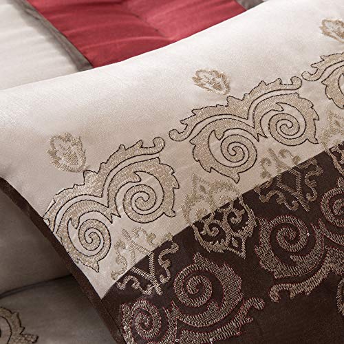 Madison Park Donovan Queen Size Bed Comforter Set Bed In A Bag - Taupe, Burgundy , Jacquard Pattern – 7 Pieces Bedding Sets – Ultra Soft Microfiber Bedroom Comforters