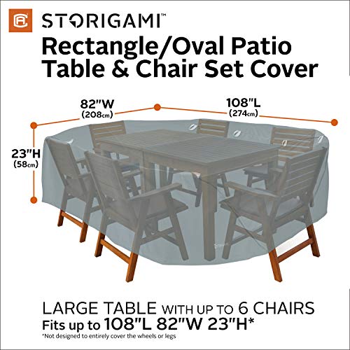 Classic Accessories Storigami Water-Resistant 108 Inch Easy Fold Rectangle/Oval Table & Chairs Cover, Monument Grey, Outdoor Table Cover