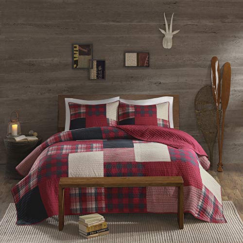 Woolrich 100% Cotton Quilt Reversible Cabin Lifestyle Design All Season, Breathable Coverlet Bedspread Bedding Set, Matching Shams, Full/Queen(92"x96"), Plaid Red, 3 Piece
