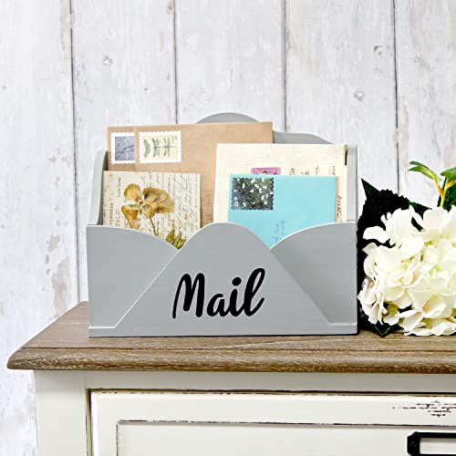 Elegant Designs HG2020-GRY Homewood Farmhouse Wooden Decorative Envelope Shaped Desktop Letter Holder, Bill Organizer, Storage Box, Crate with Mail Black Script for Décor, Countertop, Office, Gray