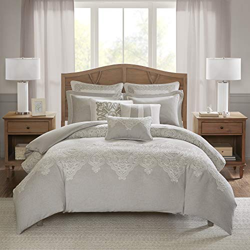 Madison Park Signature Cozy Comforter Set - Luxurious Bedding Style Combo Filled Insert, Removable Duvet Cover. Matching Shams, Decorative Pillows, Queen(92"x96"), Damask Natural 8 Piece