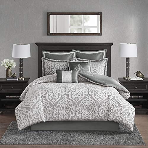 Madison Park Odette Comforter Set Jacquard Damask Medallion Design All Season Down Alternative Bedding, Matching Shams, Bedskirt, Decorative Pillows, Queen(90"x90"), Silver 8 Piece