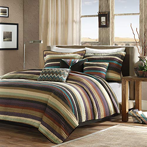 Madison Park Quilt Rustic Southwestern - All Season, Breathable Coverlet Bedspread, Lightweight Bedding, Shams, Decorative Pillow, Yosemite, Stripes Purple/Teal King/Cal King(104"x94") 6 Piece