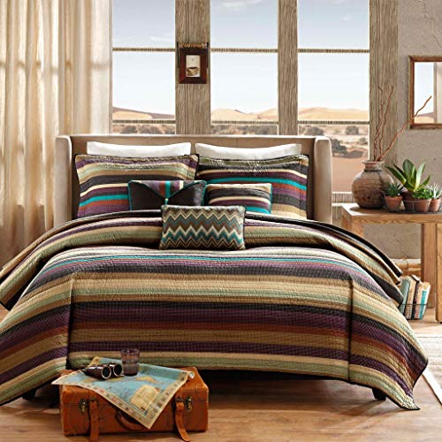 Madison Park Quilt Rustic Southwestern All Season, Breathable Coverlet Bedspread, Lightweight Bedding, Shams, Decorative Pillow, Full/Queen, Yosemite, Stripes Purple/Teal, 6 Piece