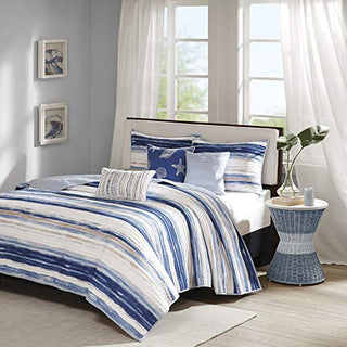 Madison Park - Marina 6 Piece Quilted Coverlet Set - Blue - Full/Queen - Geometric - Includes 1 Coverlet