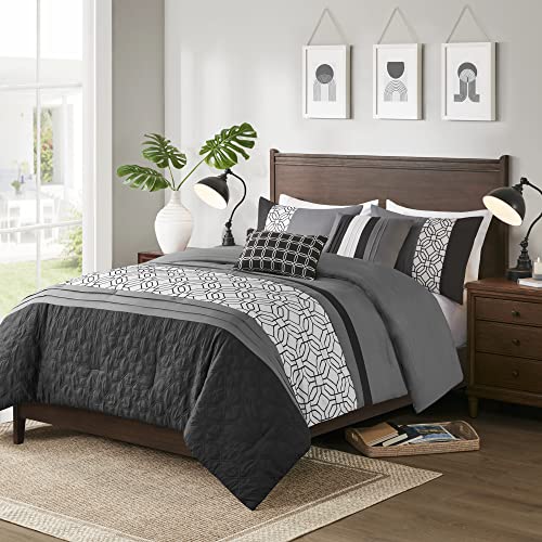 510 DESIGN Cozy Comforter Set - Geometric Honeycomb Design, All Season Down Alternative Casual Bedding with Matching Shams, Decorative Pillows, Full/Queen(90"x90"), Donnell, Black 5 Piece