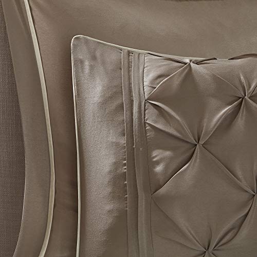 Madison Park Essentials Room in a Bag Faux Silk Comforter Set-Luxe Diamond Tufting All Season Bedding, Matching Curtains, Decorative Pillows, King (104 in x 92 in), Taupe