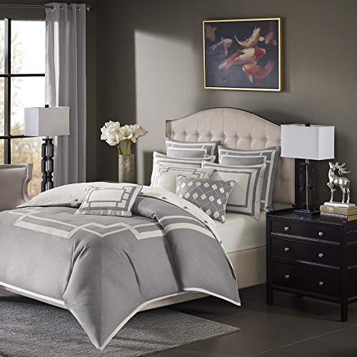 Madison Park Signature Shades of Grey King Size Bed Comforter Duvet 2-in-1 Set Bed in A Bag - Grey , Geometric – 9 Piece Bedding Sets – Ultra Soft Microfiber Bedroom Comforters