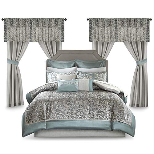 Madison Park Essentials Brystol 24 Piece Room in a Bag Faux Silk Comforter Jacquard Paisley Design Matching Curtains Down Alternative Hypoallergenic All Season Bedding-Set, King (104 in x 92 in), Teal