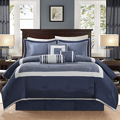 Madison Park Cozy Comforter Set - Deluxe Hotel Collection, All Season Down Alternative Luxury Bedding with Matching Shams, Decorative Pillows, Genevieve, Navy Cal King(104"x92") 7 Piece
