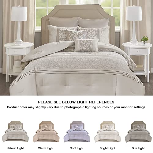 Cozy Comforter Set - Transitional Damask Design, All Season Down Alternative Bedding with Matching Shams, Decorative Pillow, Shawnee-Neutral King(104"x92") 8 Piece