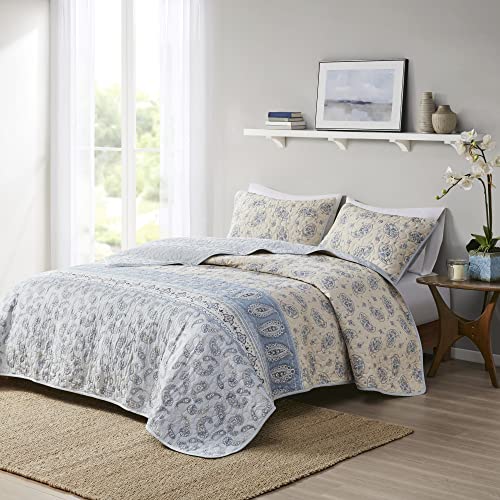 Madison Park April Reversible Cotton Quilt Set - Trendy Paisley Design Summer Coverlet, Lightweight All Season Bedding Layer, Matching Shams King/California King Blue/Taupe 3 Piece