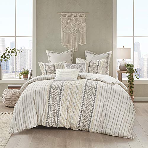 100% Cotton Duvet Mid Century Modern Design All Season Comforter Cover Bedding Set, Matching Shams, King/Cal King (104"x92"), Imani, Ivory Chenille Tufted Accent