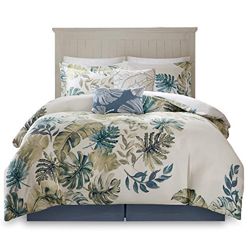 Harbor House Cozy Cotton Comforter Set-Coastal All Season Down Alternative Casual Bedding with Matching Shams, Decorative Pillows, Queen(92"x96"), Monstera Leaf Green 6 Piece