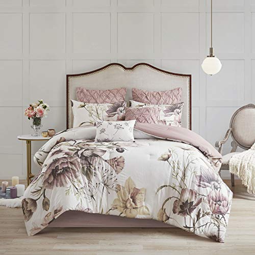 Madison Park Cotton Comforter Set Contemporary Floral Design - All Season Bedding Set, Matching Bed Skirt, Decorative Pillows, King(104"x92"), Cassandra Shabby Chic, Blush 8 Piece