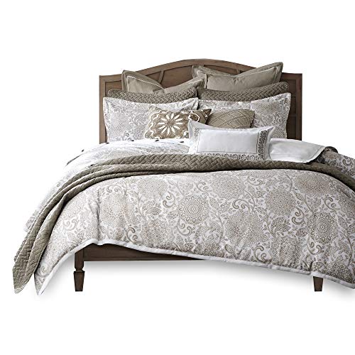 Madison Park Signature Sophia Queen Size Bed Comforter Duvet 2-In-1 Set Bed In A Bag - Ivory , Jacquard – 8 Piece Bedding Sets – Ultra Soft Microfiber Bedroom Comforters