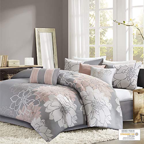 Madison Park - MP10-5670 Lola, Floral, Flowers – 6 Pieces Bedding Sets Sateen, Cotton Poly Crossweave Bedroom Comforters, Queen, Grey/Blush