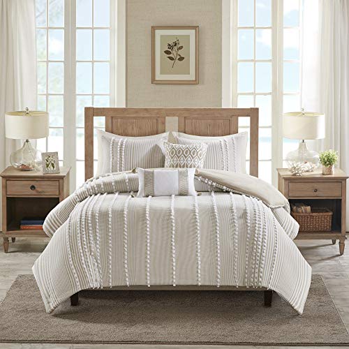 Harbor House 100% Cotton Duvet Set - Trendy Tufted Textured Design, All Season Cozy Bedding Modern Comforter Cover, Matching Shams, Anslee Pom Pom Taupe Queen(90"x90") 3 Piece