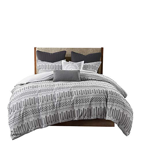 Rhea Luxurious Cotton Bedding Set - Mid Century Trendy Geometric Design, All Season Cozy Cover With Matching Shams, Grey/Black Comforter Set, Full/Queen 3 Piece