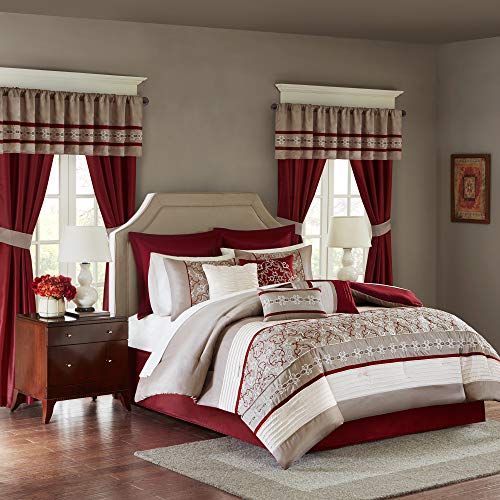 Madison Park Essentials Jelena Room in A Bag Faux Silk Comforter Classic Luxe All Season Down Alternative Bedding, Matching Bedskirt, Curtains, Decorative Pillows, Red Cal King(104"x92") 24 Piece