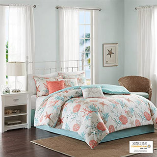 Madison Park Cotton Comforter Set - Coastal Coral, Starfish Design All Season Down Alternative Cozy Bedding with