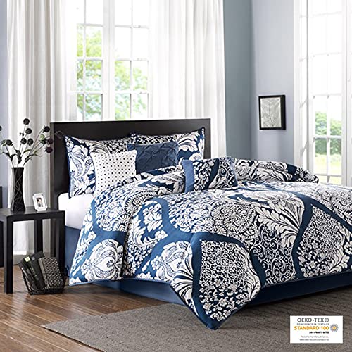 Madison Park Sateen Cotton Comforter Set, Breathable, Soft Cover, Trendy, All Season Down Alternative Cozy Bedding with Matching Shams, Damask Indigo, California King (104 in x 92 in) 7 Piece