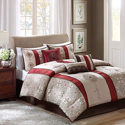Madison Park Donovan Cal King Size Bed Comforter Set Bed In A Bag - Taupe, Burgundy , Jacquard Pattern – 7 Pieces Bedding Sets – Ultra Soft Microfiber Bedroom Comforters