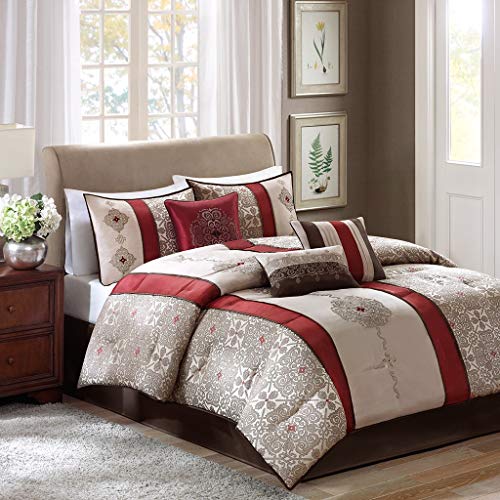 Madison Park Donovan Cal King Size Bed Comforter Set Bed In A Bag - Taupe, Burgundy , Jacquard Pattern ‚Äö√Ñ√¨ 7 Pieces Bedding Sets ‚Äö√Ñ√¨ Ultra Soft Microfiber Bedroom Comforters