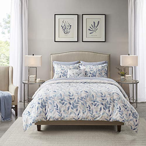 Madison Park Essentials Sofia Bed in a Bag Reversible Comforter with Complete Sheet Set - Modern Botanical Print All Season Cover, Shams, Decorative Pillow, Queen(90"x90"), Blue 8 Piece