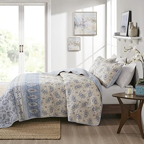 Madison Park April Reversible Cotton Quilt Set - Trendy Paisley Design Summer Coverlet, Lightweight All Season Bedding Layer, Matching Shams Full/Queen Blue/Taupe 3 Piece