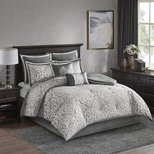 Madison Park Odette Comforter Set Jacquard Damask Medallion Design All Season Down Alternative Bedding, Matching Shams, Bedskirt, Decorative Pillows, King(104"x92"), Silver 8 Piece