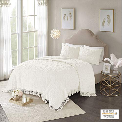 Madison Park Laetitia Coverlet Reversible 100% Cotton Chenille Floral Medallion Tufted Fringe Tassel Soft All Season Light-Weight Woven Bedding-Set, Full/Queen, Flower Embroidery Ivory