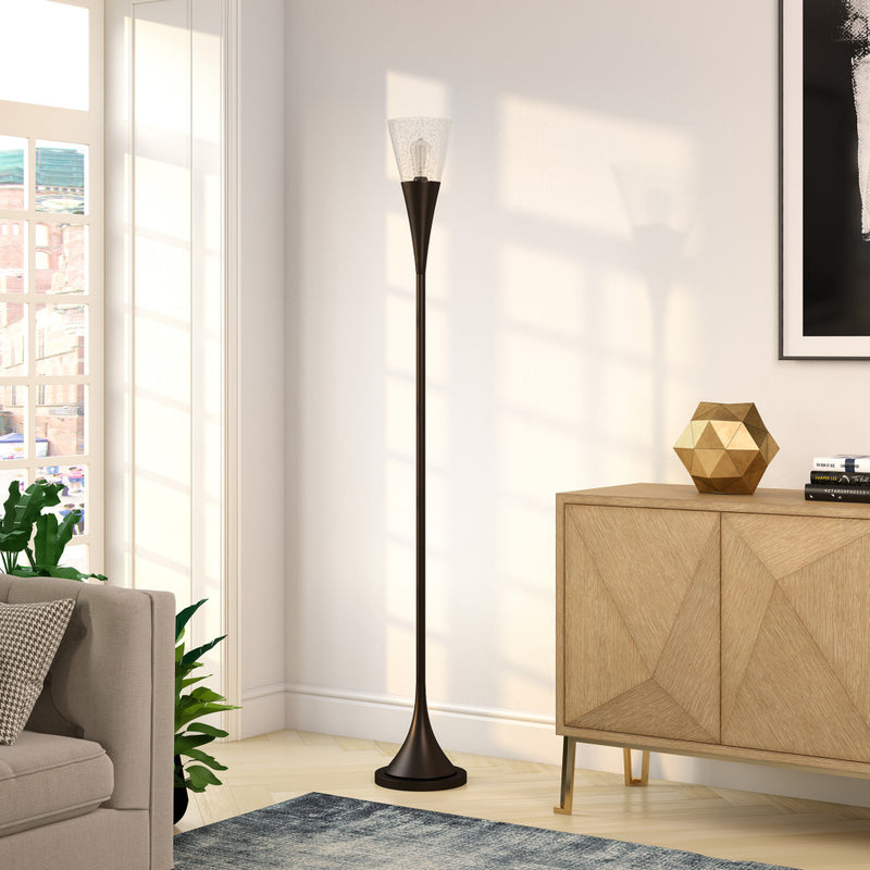 Home Outfitters 71" Black Torchiere Floor Lamp With Clear Seeded Glass Cone Shade