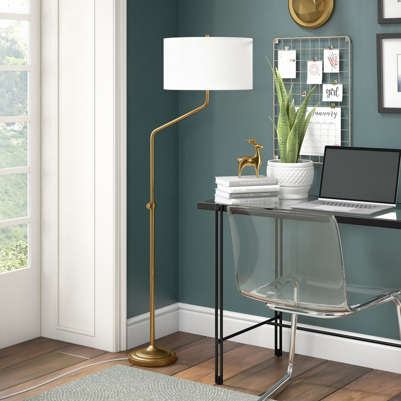 Home Outfitters 66" Brass Adjustable Traditional Shaped Floor Lamp With White Frosted Glass Drum Shade