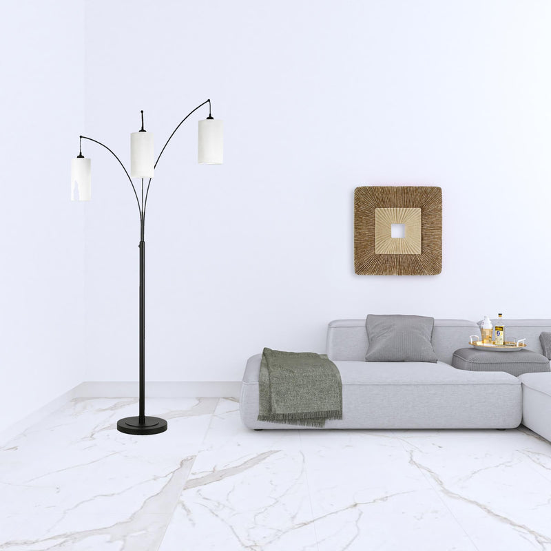 Home Outfitters 83" Black Three Light Torchiere Floor Lamp With White Frosted Glass Drum Shade