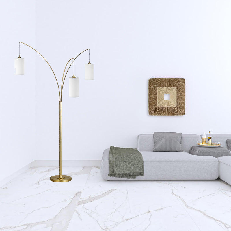 Home Outfitters 83" Brass Three Light Tree Floor Lamp With White Frosted Glass Drum Shade