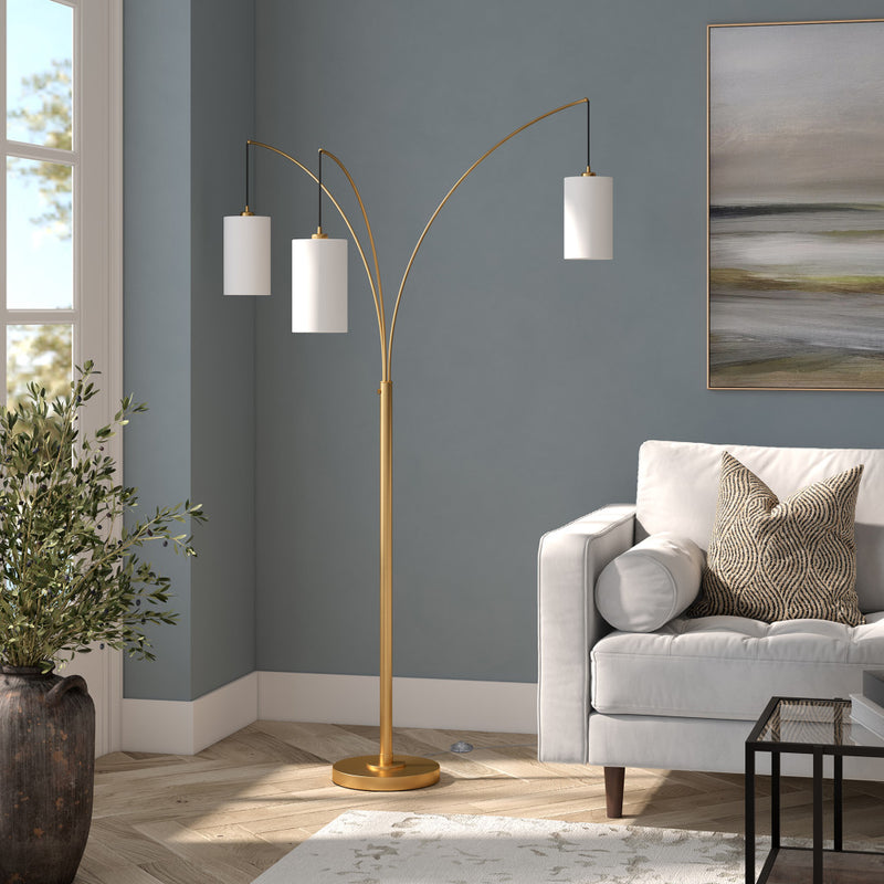 Home Outfitters 83" Brass Three Light Tree Floor Lamp With White Frosted Glass Drum Shade