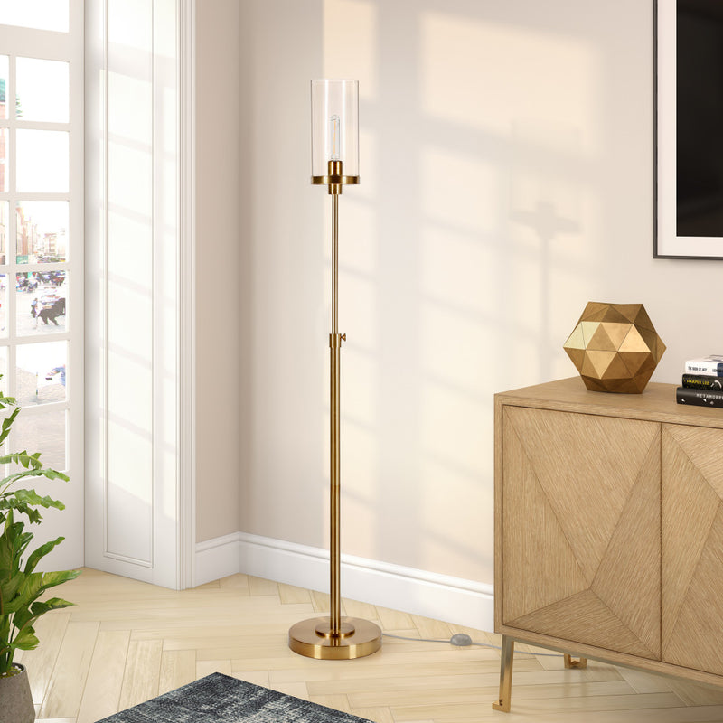 Home Outfitters 66" Brass Torchiere Floor Lamp With Clear Transparent Glass Drum Shade