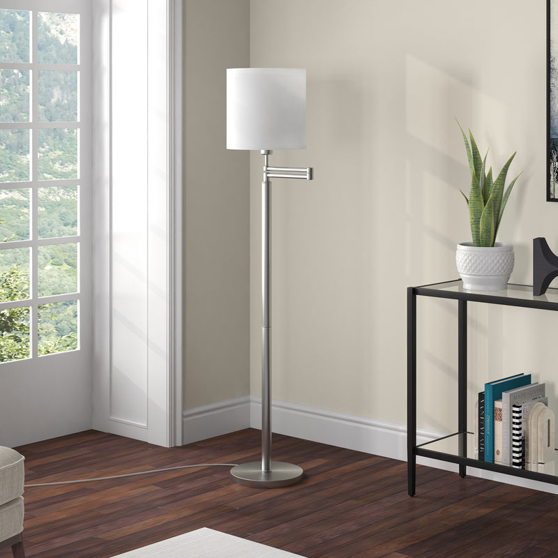 Home Outfitters 62" Nickel Swing Arm Floor Lamp With White Frosted Glass Drum Shade